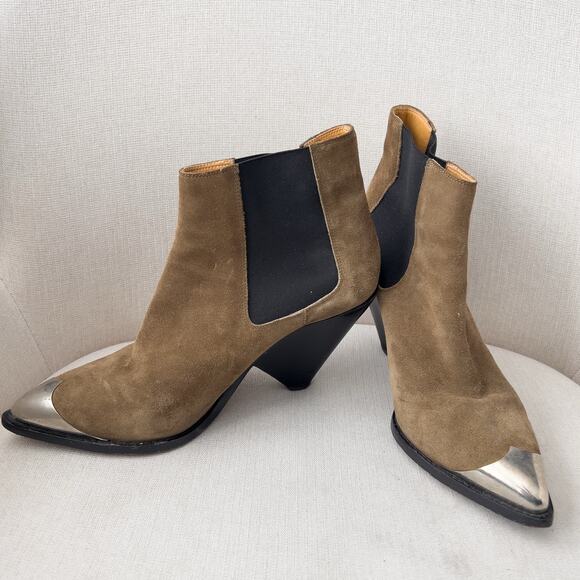 Isabel Marent Boots 38 7.5 Booties Suede Western Metal Toe Lemsey Brown Green - Picture 1 of 11